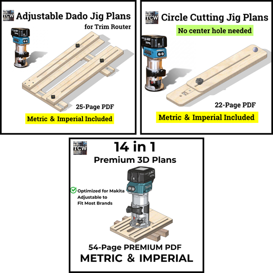 3-in-1 Router Jig Bundle, 14-in-1 Multi Function Base, Adjustable Dado and Circle Cutting Jigs, Metric and Imperial Woodworking Plans