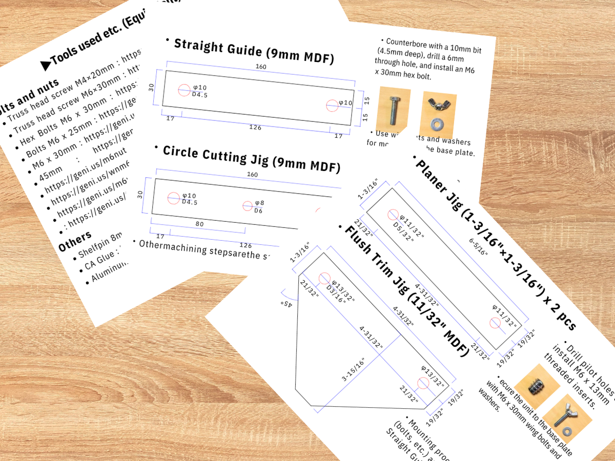 【図面】14-in-1 トリマー多機能ベース&ガイドシステム (ミリ&インチ表記 / 詳細なPDFガイド)