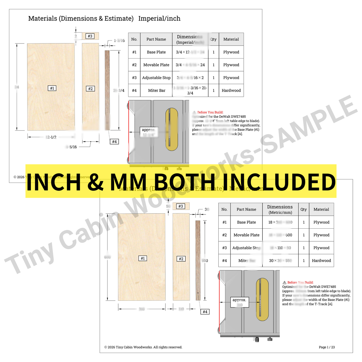 2-in-1 Taper & Straight Line Ripping Jig Plans for DeWalt DWE7485 & Compact Saws-3D PDF (Metric & Imperial)