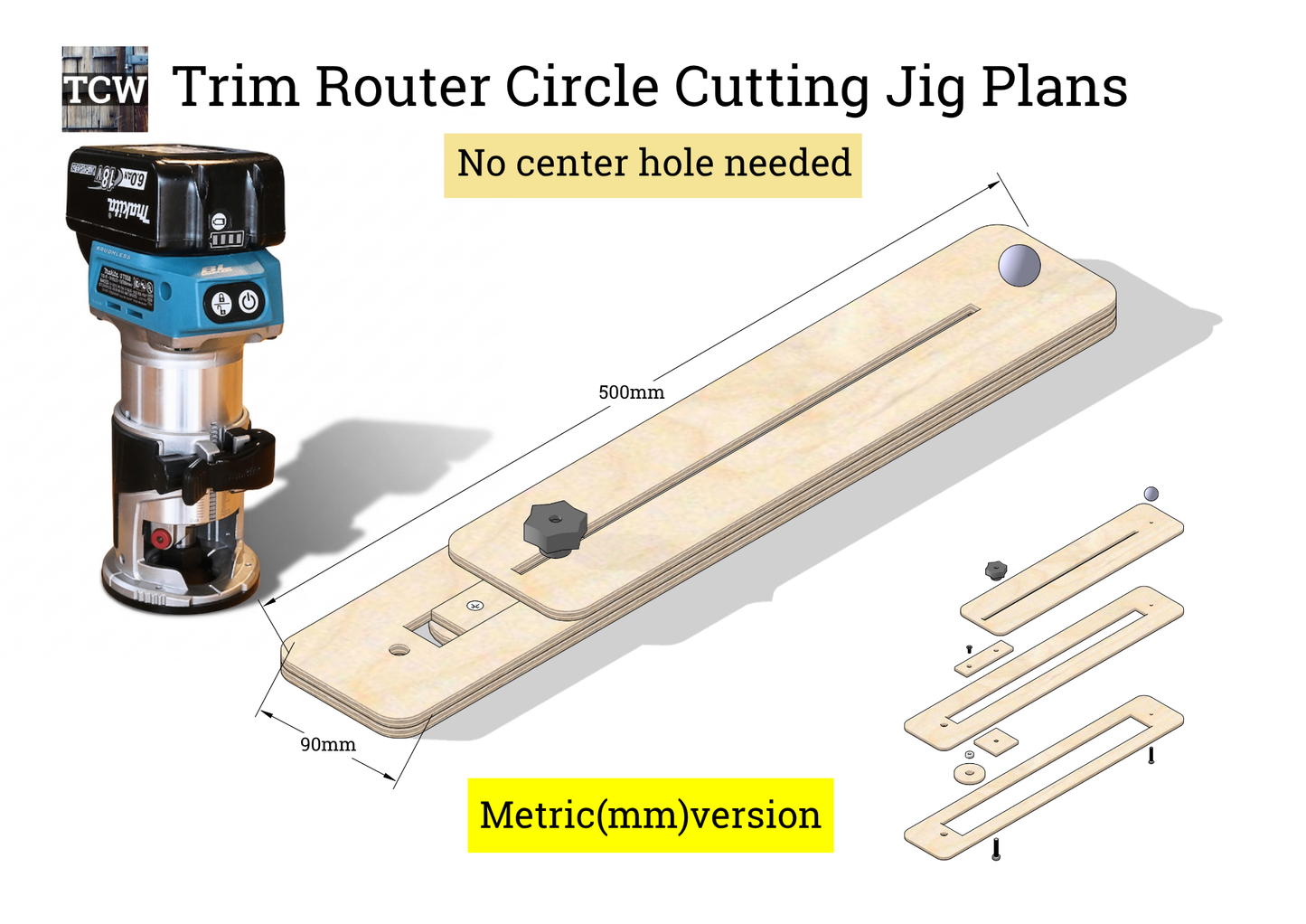 Trim Router Circle Cutting Jig Plans - No Center Hole (Metric & Imperial Bundle / 22-Page PDF)