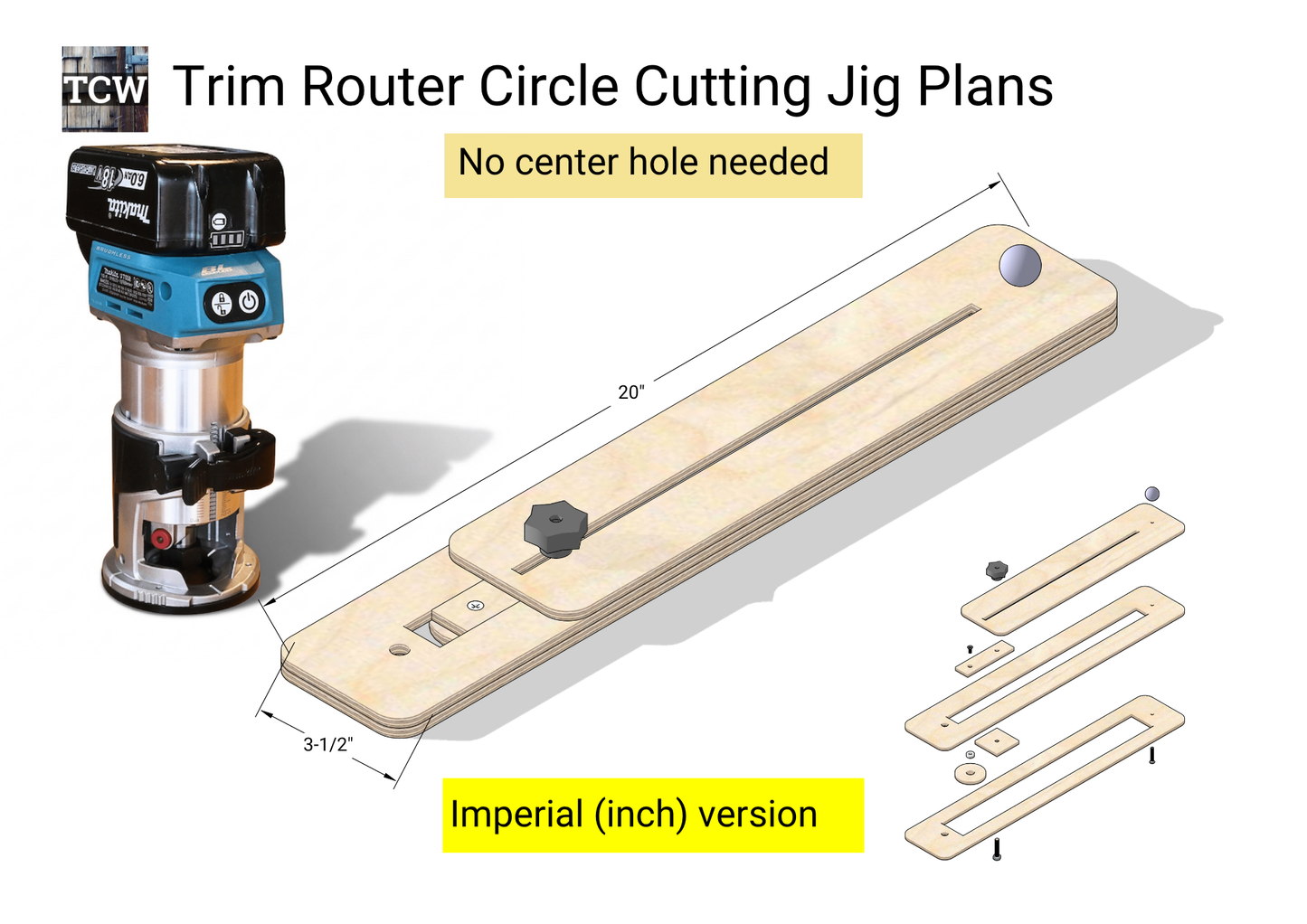 Trim Router Circle Cutting Jig Plans - No Center Hole (Metric & Imperial Bundle / 22-Page PDF)