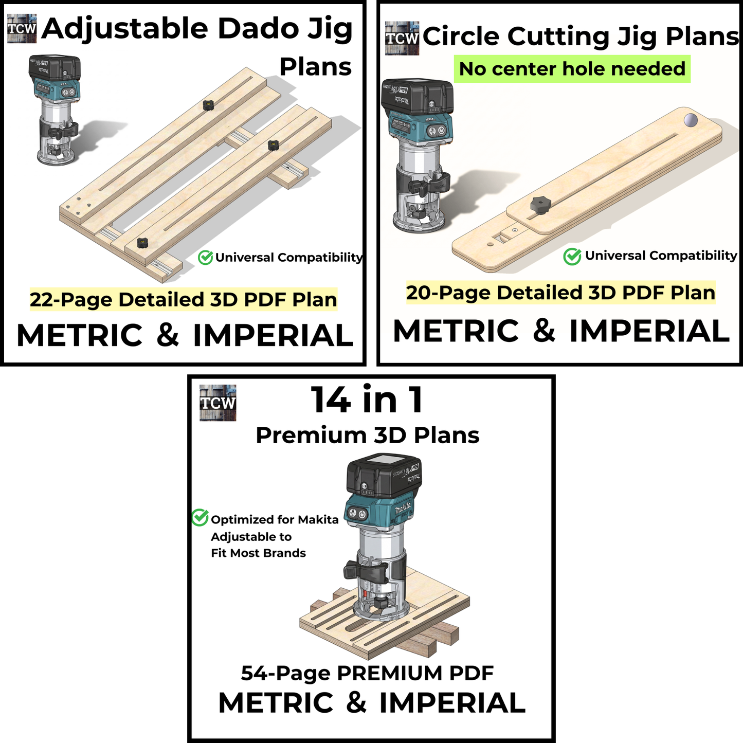 3-in-1 Router Jig Bundle, 14-in-1 Multi Function Base, Adjustable Dado and Circle Cutting Jigs, Metric and Imperial Woodworking Plans