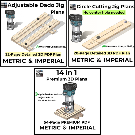 3-in-1 Router Jig Bundle, 14-in-1 Multi Function Base, Adjustable Dado and Circle Cutting Jigs, Metric and Imperial Woodworking Plans