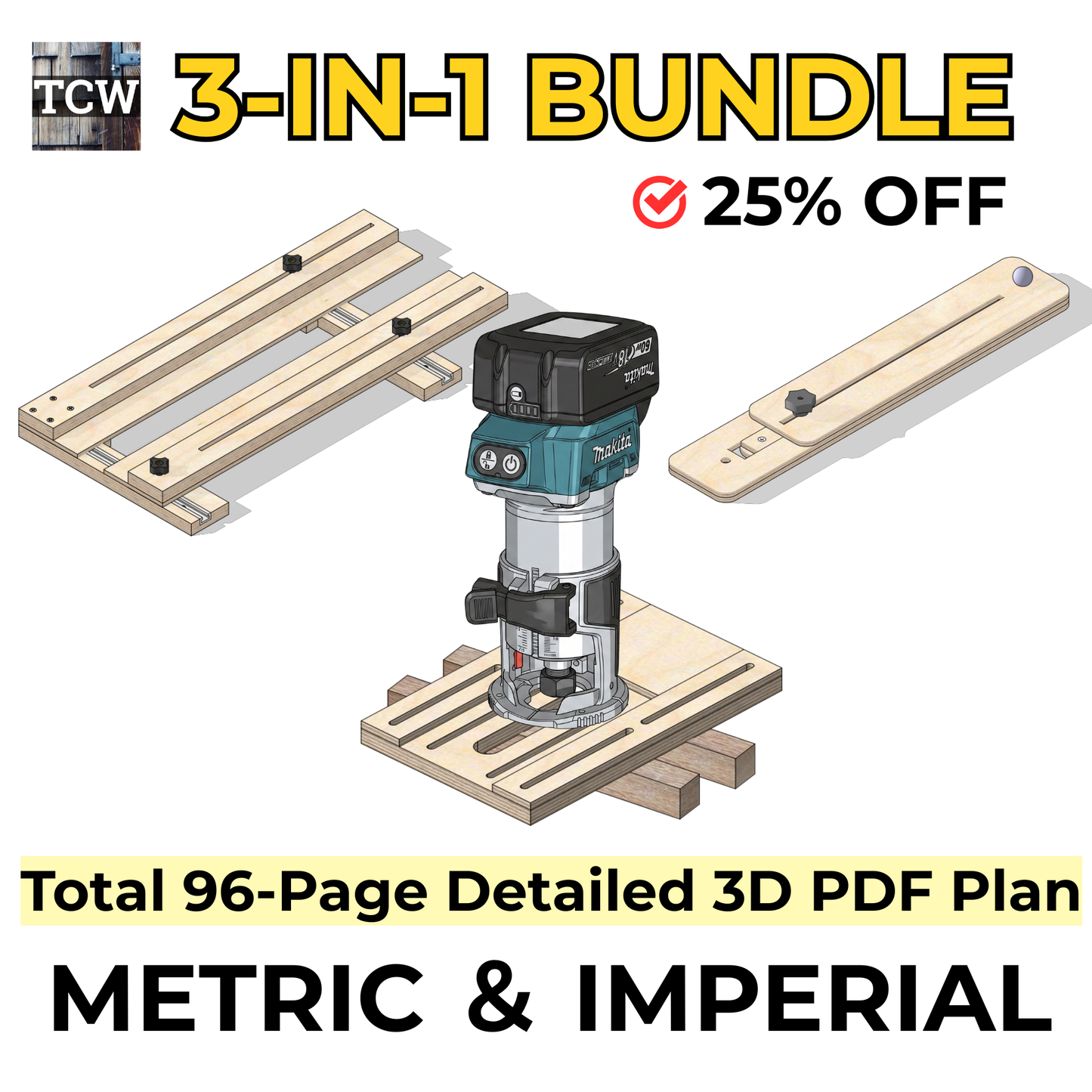 3-in-1 Router Jig Bundle, 14-in-1 Multi Function Base, Adjustable Dado and Circle Cutting Jigs, Metric and Imperial Woodworking Plans